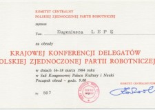Powiększ zdjęcie Zaproszenie na obrady Krajowej Konferencji Delegatów PZPR; 1984 rok