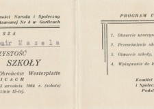 Powiększ zdjęcie Zaproszenie na otwarcie Szkoły Podstawowej nr 4 im. Obrońców Westerplatte w Gorlicach — 1964 rok