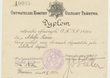 Powiększ zdjęcie 16. Dyplom Obywatelskiego Komitetu Obrony Państwa z 1921 r. dla Adolfa Piona